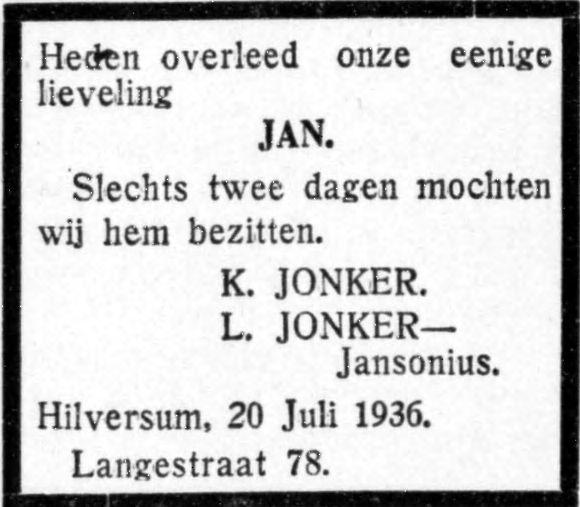 overlijdensadvertentie jan jansonius on 20 Jul 1936.